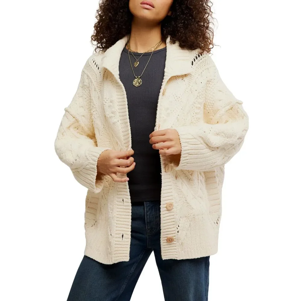 Free People Heart You Cardigan Ivory Button-Up Cardigan Sweater Size Medium